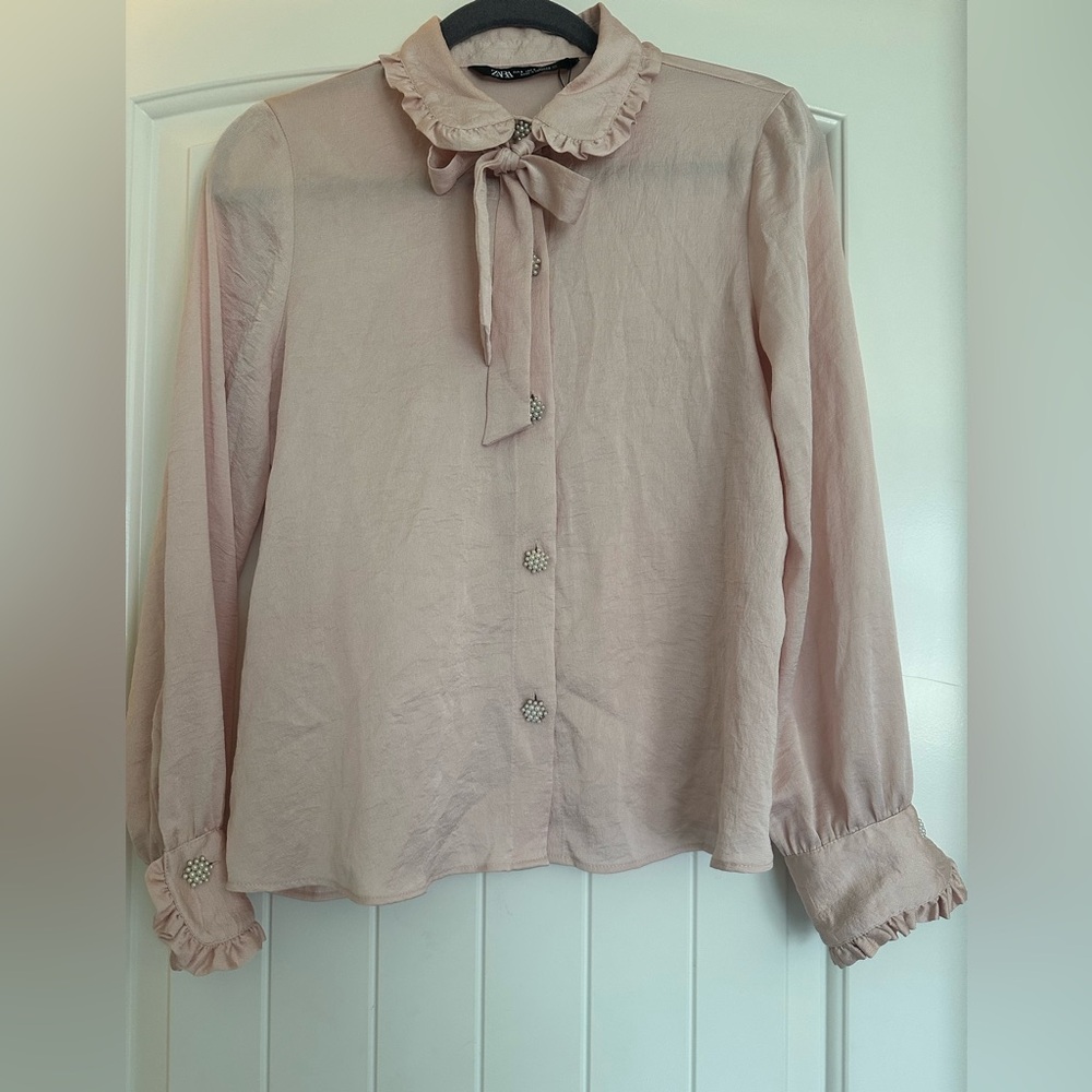 Zara Pink Blouse with Bishop Sleeves and Peter Pan Collar